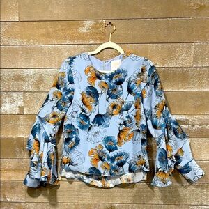 Prose & Poetry bell sleeved blue and orange floral blouse size XS
